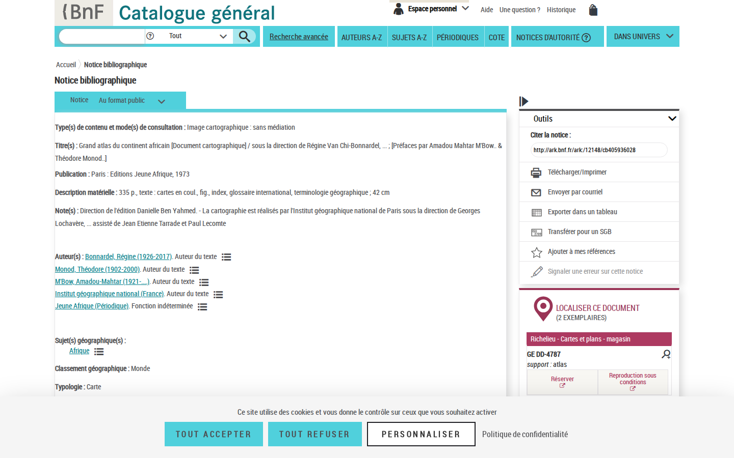 Screenshot of Notice bibliographique Grand atlas du continent africain / sous la direction de Régine Van Chi