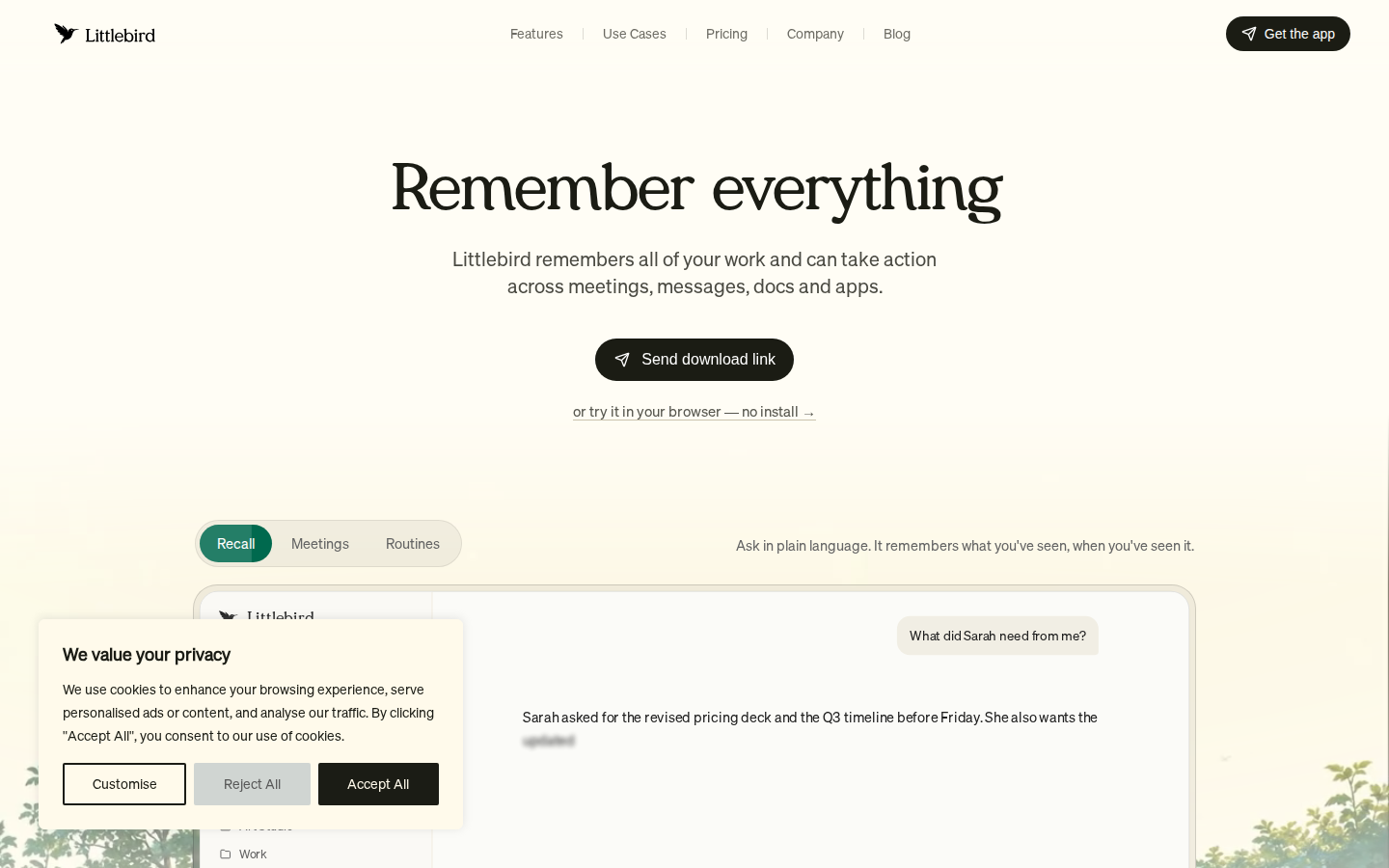 Screenshot of Littlebird: AI Assistant With a Memory of Your Work