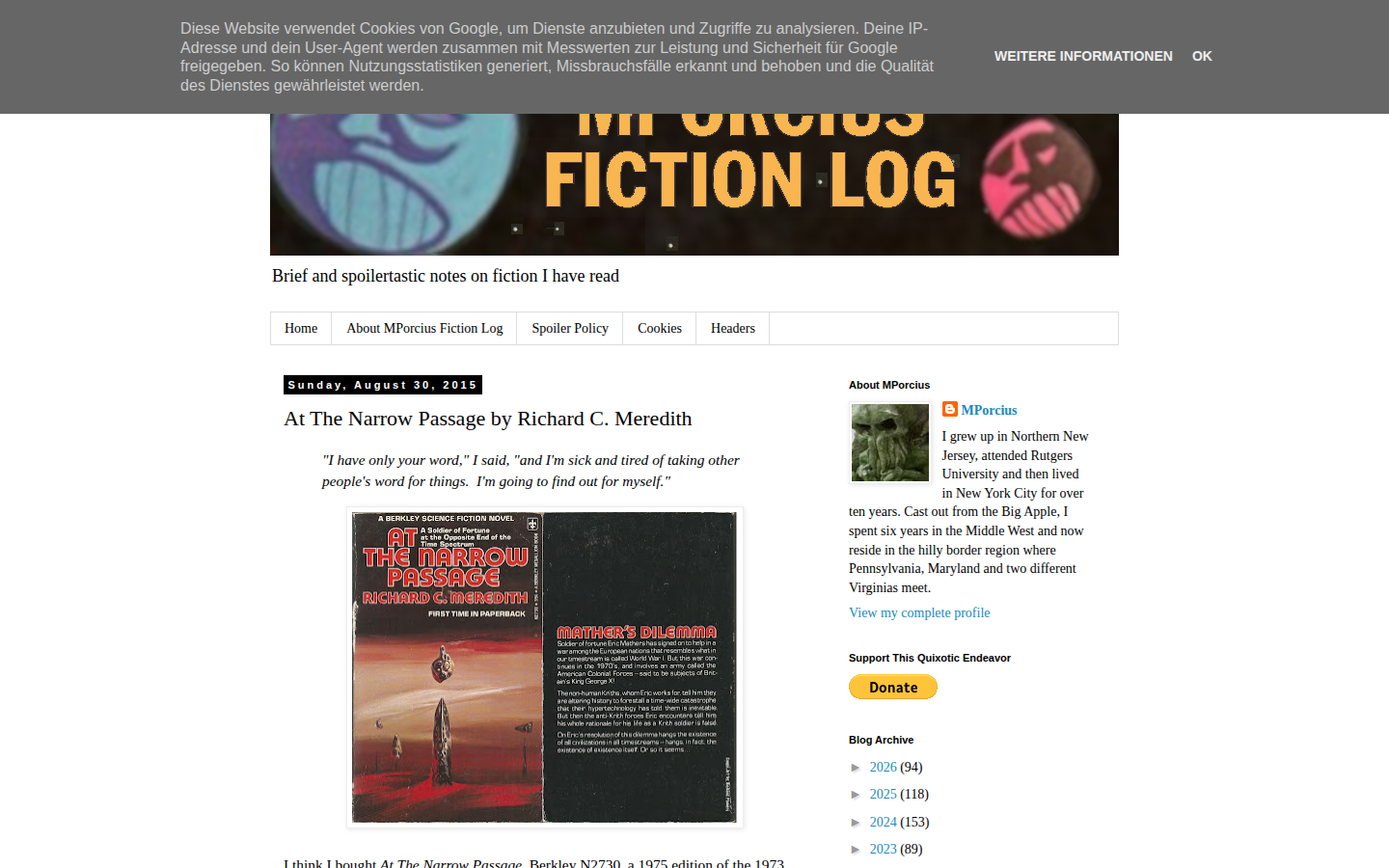 Screenshot of MPorcius Fiction Log: At The Narrow Passage by Richard C. Meredith