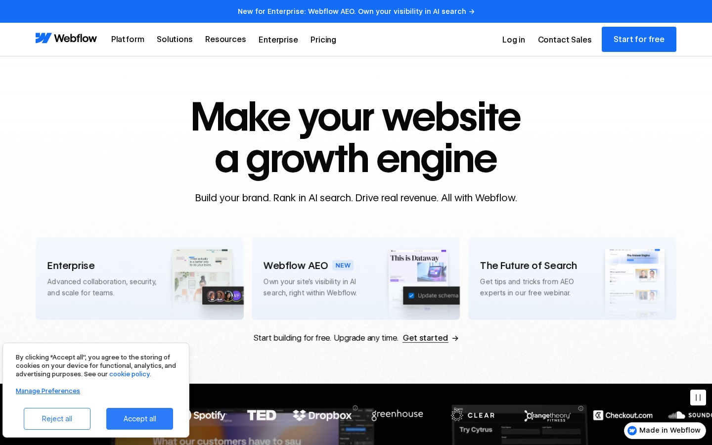 Screenshot of Webflow: The agentic web platform for modern businessesWebflowPlayPausePlayPausePlayPausePlayPausePlayPausePlayPausePlayPauseMade in WebflowYouTubeXFacebookLinkedinInstagramTikTok